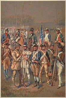 A group of about a dozen men is shown standing about.  Each wears a different style of uniform, varying the hat, color of the jacket and its facing, color and cut of the waistcoat, color of the pants, and style of footwear.  One man wears ranger garb, consisting of leather tunic, pants, and moccasins.