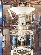 Magellan with its Star 48B solid rocket motor undergoing final checks at the Kennedy Space Center