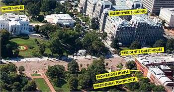 Aerial view, with the White House diagonally across from the President's Guest House