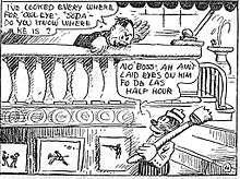 A comic strip panel. At the top, a middle-aged caucasian male, leaning over the railing to a staircase, says to an African-American male, "I've looked everywhere for 'Owl-Eye', 'Soda'—do you know where he is?" The African-American, carrying a broom over his shoulder and descending the staircase, replies, "No, Boss, Ah ain't laid eyes on him fo the lass half hour".