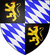 Coat of arms, two fields featuring blue and white rhombuses, the other two a yellow lion on black background